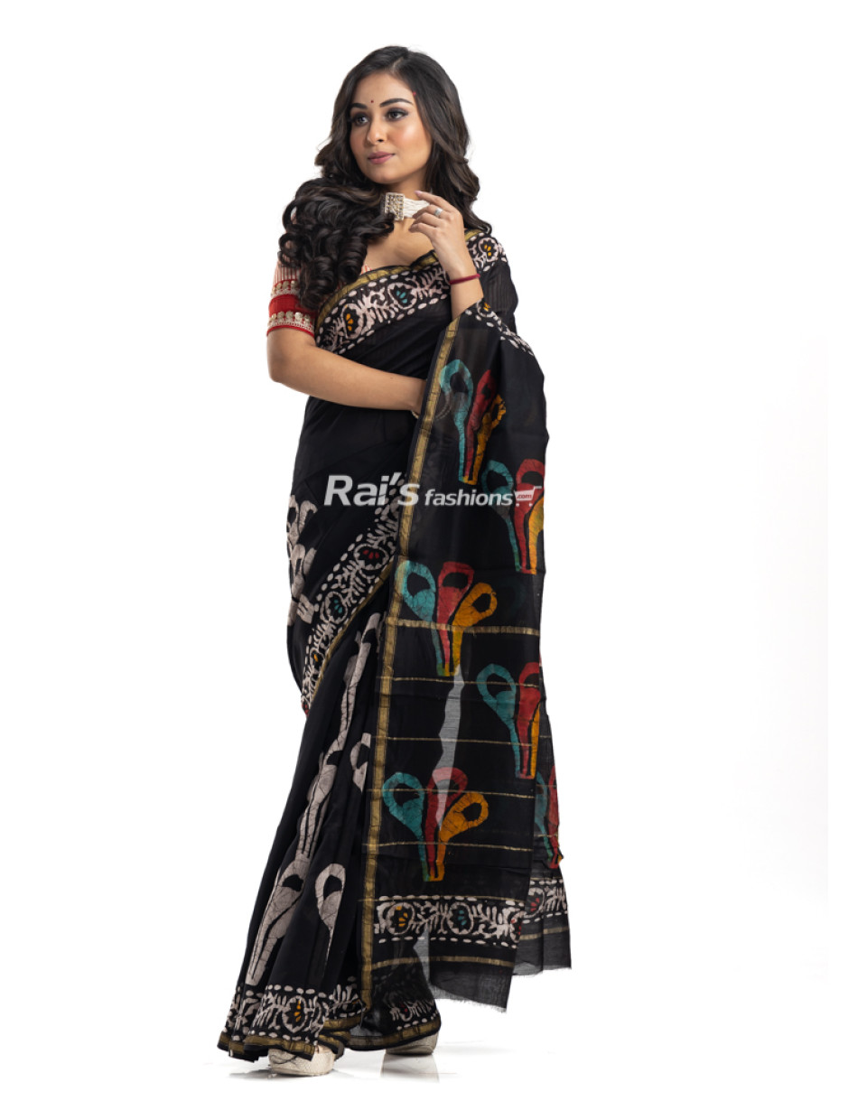 Black Chanderi Silk Saree With All Over Multicolor Print And Highlighted Golden Zari Border - Also Golden Zari Stripes On Pallu Section (KR2217)